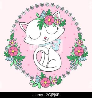 Niedliche weiße Cartoon-Katze in einem ovalen Rahmen aus Blumen. Für Kinderdesign. Für Postkarten, Grußkarten, Drucke, Poster, Aufkleber, Karten usw. Vektor Stock Vektor