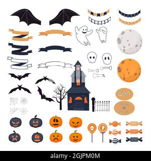 Halloween-Set mit gruseligen Elementen in Cartoon-Stil Silhouette auf weißem Hintergrund isoliert. Verschiedene Kürbis, Geister, schwarze Fledermaus. Weihnachtsdekoration Stock Vektor