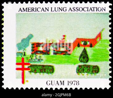 MOSKAU, RUSSLAND - 17. APRIL 2021: Briefmarke gedruckt in Cinderellas zeigt American Lung Association, Guam, USA Serie, um 1978 Stockfoto