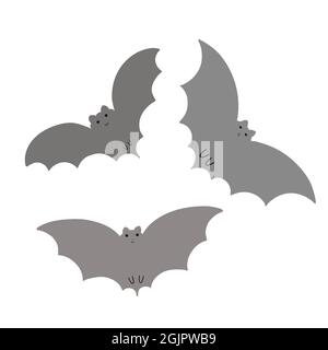 Halloween Fledermäuse Set einfache Phantasie Vektor Illustration, handgezeichnete graue Tier Cartoon gruseligen Charakter für Herbst Urlaub Dekor Element, Karten, Banner Stock Vektor