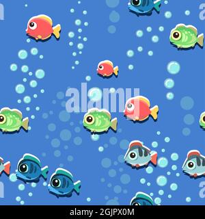 Lustige lustige Fische. Den Boden des Behälters. Meer. Blasen. Unterwasserlandschaft mit Pflanzen, Algen und Korallen. Nahtlos. Abbildung in Stock Vektor