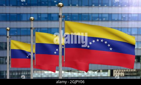3D, venezolanische Flagge winkt auf Wind mit moderner Wolkenkratzerstadt. Venezuela Banner weht weiche Seide. Stoff Stoff Textur Fähnrich Hintergrund. Verwenden Sie es für Stockfoto
