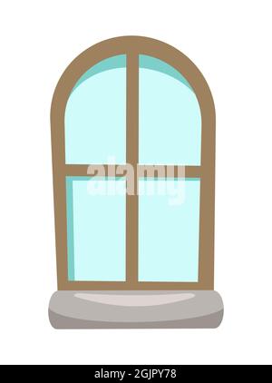 Bogenfenster. Rechteckiger Rahmen mit runder Oberseite. Mit einer Fensterbank. Isoliertes Objekt auf weißem Hintergrund. Cartoon-Stil. Flaches Design. Vektor Stock Vektor
