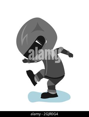 Motorradfahrer in einer schwarzen Jacke und Helm. Biker-Uniform. Tanzender Tanz. Cartoon-Stil. Witziger Charakter. Flaches Design. Isoliert auf weißem Hintergrund Stock Vektor