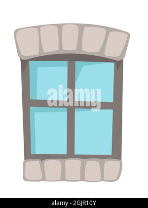 Bogenfenster. Rechteckiger Rahmen mit runder Oberseite. Steinblöcke. Mit einer Fensterbank. Isoliertes Objekt auf weißem Hintergrund. Cartoon-Stil. Flaches Design. Vektor Stock Vektor