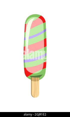 Gestreiftes Eis. Sommer Essen süßes Dessert. Flaches Design. Objekt ist auf weißem Hintergrund isoliert. Popsicle auf einem Stock. Illustrationsvektor Stock Vektor