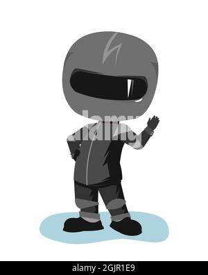 Motorradfahrer in einer schwarzen Jacke und Helm. Biker-Uniform. Cartoon-Stil. Er winkt mit der Hand. Witziger Charakter. Flaches Design. Isoliert auf weißem Hintergrund Stock Vektor