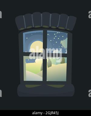 Bogenfenster. Rechteckiger Rahmen mit runder Oberseite. Mit einer Fensterbank. Landschaftsansicht. Mondlicht in einer Nacht. Bildhintergrund. Cartoon-Stil. Flaches Design Stock Vektor