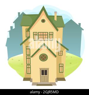 Cartoon-Haus auf der Wiese. Silhouette einer Stadt. Wunderschöne Aussicht. Gemütliche rustikale Wohnung in einem traditionellen europäischen Stil. Ländliche Landschaft. Schönes, lustiges Haus Stock Vektor