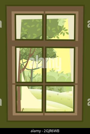 Das Fenster ist rechteckig. Mit Fensterbank und Wandfragmenten. Tag. Blick auf die Sommerlandschaft. Cartoon-Stil. Flaches Design. Vektor Stock Vektor