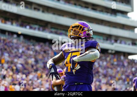 Greenville, NC, USA. September 2021. East Carolina Pirates läuft zurück Rahjai Harris (47) feiert im vierten Quartal des NCAA-Matches im dowdy-Ficklen Stadium in Greenville, NC. (Scott Kinser/Cal Sport Media). Kredit: csm/Alamy Live Nachrichten Stockfoto