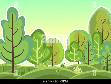 Flacher Wald. Illustration in einem einfachen symbolischen Stil. Lustige grüne ländliche Landschaft. Hügel. Comic-Design. Wilde Dickichte. Nette Szene mit Bäumen. Zeichentrickfilm Stock Vektor