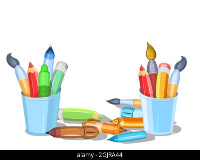 Schreibwaren in blauen Gläsern. Werkzeuge für Kreativität und Zeichnen. Kinder im Cartoon-Stil. Pinsel und Stifte. Isoliert auf weißem Hintergrund. Vektor Stock Vektor