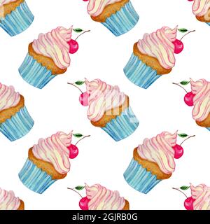 Aquarell Süßigkeiten Cupcake mit Creme und Kirsche Helle Cupcakes nahtlose drucken köstliche Desserts. Handgezeichnete Illustrationen für Menü und Dekoration von Stockfoto
