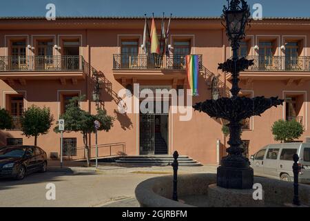 Hauptfassade des Rathauses der Stadt Requena in der Provinz Valencia, Spanien, Europa Stockfoto