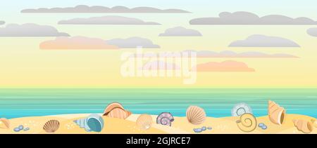 Frontalansicht der Küste. Gelber Sandstrand. Sanfter Sonnenuntergang Himmel mit leichten Wolken. Entfernter Horizont. Muscheln und Schneckenschalen. Nahaufnahme Stock Vektor