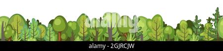 Flacher Wald. Horizontale nahtlose Komposition. Cartoon-Stil. Lustige grüne ländliche Landschaft. Level das Spiel. Komisches Hintergrunddesign. Nette Szene mit Stock Vektor