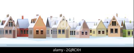 Winterstraße mit Schneeverwehungen. Ländliche Häuser. Ruhiger frostiger Tag. Nahtlos. Giebeldächer sind mit Schnee bedeckt. Landschaft auf dem Land. Isoliert auf Weiß Stock Vektor