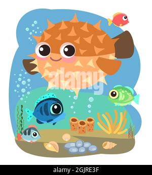 Kleine Landschaft. Kugelfisch. Unterwasserwelt. Wilde Tiere. Meer, Meer. Sommerwasser. Isoliert auf weißem Hintergrund. Illustration im Cartoon-Stil Stock Vektor