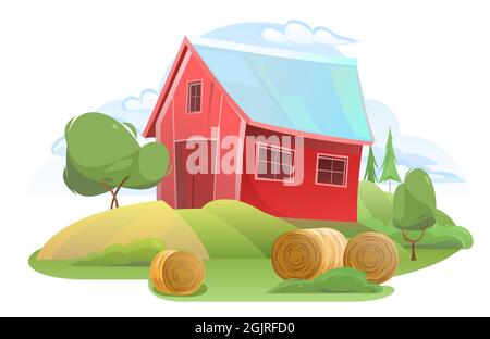 Rote Scheune. Garten und sanfte Hügel. Ländliche Farmlandschaft mit Strohrollen. Niedliche lustige Cartoon-Design Illustration. Isoliert auf weißem Hintergrund Stock Vektor