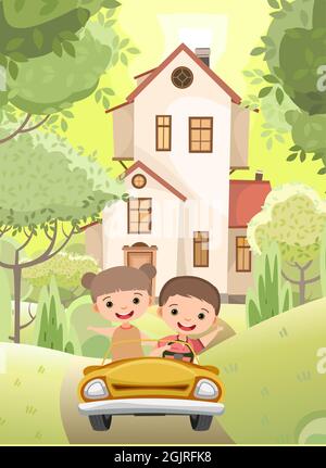 Kinder gehen auf Abenteuer in kleinen Auto. Kind fährt Pedal oder Spielzeug Elektroauto. Cartoon-Illustration für Kinder. Sommertageslandschaft. Straße und Haus Stock Vektor