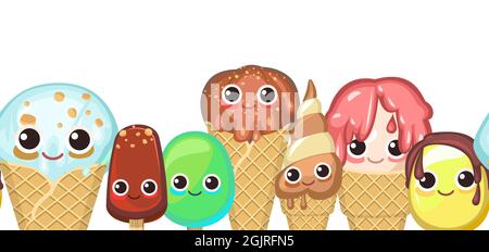 Eiscreme in Farbe. Lustige Zeichentrickfiguren. Horizontale nahtlose Hintergrunddarstellung. In Waffelmuscheln und Zapfen. Cremig und schokoladig. Popsicle on Stock Vektor