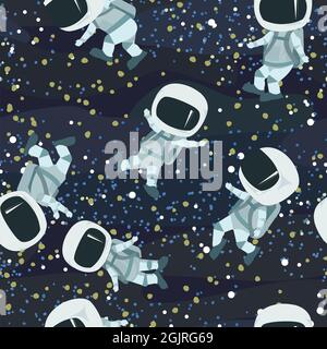 Astronauten in Raumanzügen. Kosmos Hintergrund. Nahtloses Muster. Illustration für Kinder. Sternenhimmel. Flacher Style. Cartoon-Design. Vektor Stock Vektor