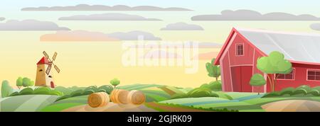 Ländliche Farmlandschaft mit Windmühle und Scheune. Garten und Hügel, Strohrollen. Niedliche lustige Cartoon-Design Illustration. Flacher Style. Vektor Stock Vektor