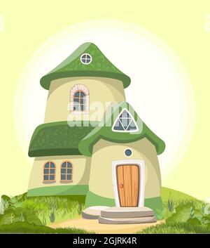 Fabelhaftes lustiges Haus auf der Lichtung. Grünes Dach. Graswiese. Schöne Cartoon Landschaft Illustration. Holztür und Fenster. Nettes Baby Bild Stock Vektor