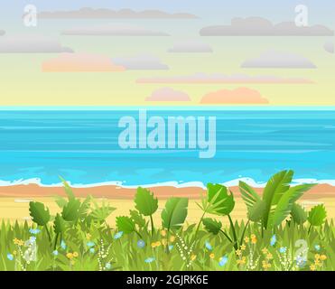 Frontalansicht der Küste. Blühende Wiese mit Blumen. Wellen entlang der Surflinie. Gelber Sandstrand. Sanfter Sonnenuntergang Himmel mit leichten Wolken Stock Vektor