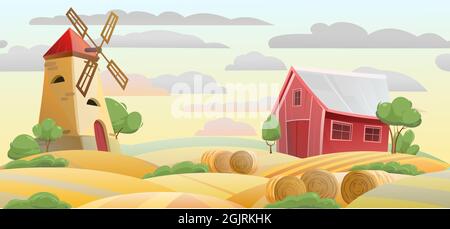 Ackerland. Garten und sanfte Hügel. Ländliche Farmlandschaft mit Windmühle und Scheune. Abendhimmel. Niedliche lustige Cartoon-Design Illustration. Flacher Style Stock Vektor