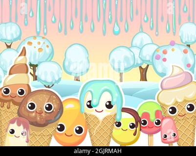 Winterlandschaft mit Eis. Frostiger Himmel. Sommer Essen süßes Dessert. Cartoon lustige Charaktere. Flaches Design. Vektor Für Kinder-Illustration Stock Vektor