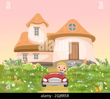 Kind geht in einem kleinen Auto auf Abenteuer. Kind fährt Pedal oder Spielzeug Elektroauto. Cartoon-Illustration für Kinder. Sommerlandschaft. Straße und ländliches Haus Stock Vektor