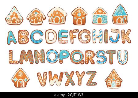 Lebkuchenhäuser und Alphabet Set. Niedliches traditionelles Weihnachtskekchen mit weißer Verzierung. Vektorgrafik. Stock Vektor