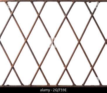 Geschmiedete rostigen Metall Schutzgitter isoliert auf weißen, geometrischen Hintergrund Textur für die Gestaltung, alte verwitterte Eisen Gitter nahtlose Muster structu Stockfoto