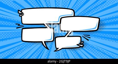 Dialog-Sprechblasen für Nachrichten mit Halbton-Superhelden-Hintergrund. Popart-Tapete mit Sprechblasen. Comic-Vektorgrafik Stock Vektor