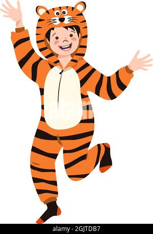 Ein Junge im Karnevalskostüm eines Tigers. Kinder-Pyjama-Party. Kind trägt Jumpsuits oder Kigurumi, festliche Kleidung für Neujahr, Weihnachten oder Urlaub Stock Vektor