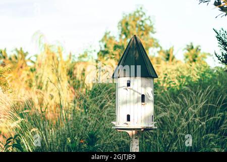 Vogelhäuser und Vogelfutterhaus.White Holz Outdoor Garten Vögel Holz Nesthaus Nest Haus im Garten.Garten Natur-Idee Stockfoto