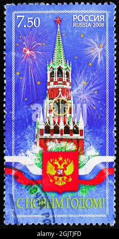 MOSKAU, RUSSLAND - 10. JUNI 2021: In Russland gedruckte Briefmarke zeigt Happy New Year!, Serie, um 2008 Stockfoto