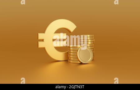 Euro-Geld-Symbol neben Stapel von Goldmünzen auf einem goldenen Hintergrund. Geldwechsel. 3d-Rendering. Stockfoto