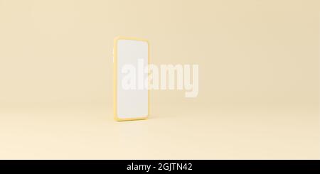 Gelbes Mobiltelefon mit Platz für Text oder Design auf Studiohintergrund. 3d-Rendering. Stockfoto