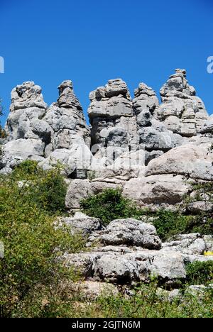 Ansicht der Karstgebirge im Nationalpark El Torcal, Torcal de Antequera, Provinz Malaga, Andalusien, Spanien, Westeuropa. Stockfoto