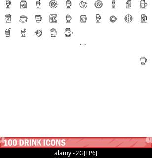 100 Symbole für Getränke eingestellt. Skizzieren Sie die Darstellung von 100 Symbolen für Getränke, die auf weißem Hintergrund isoliert sind Stock Vektor