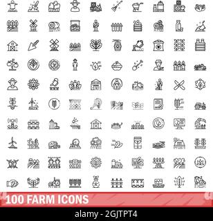 100 Farmsymbole eingestellt. Skizzieren Sie die Darstellung von 100 Farmsymbolen, die auf weißem Hintergrund isoliert sind Stock Vektor