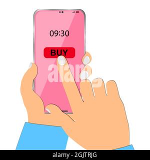 Smartphone in der Hand. Bestellung von Waren online. Vektorgrafik. Stock Vektor