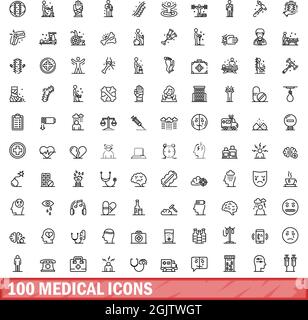 100 medizinische Symbole eingestellt. Skizzieren Sie die Darstellung von 100 medizinischen Symbolen, Vektorset isoliert auf weißem Hintergrund Stock Vektor