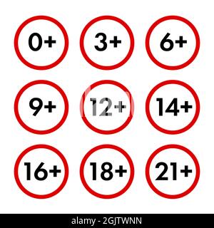 Eine Reihe von Zeichen für Altersbeschränkungen von null bis 21. Rote Kreissymbole. Illustration. Stockfoto