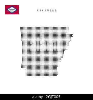 Karte mit quadratischen Punkten von Arkansas. Gepunktete Pixelkarte mit isolierter Flagge auf weißem Hintergrund. Illustration. Stockfoto