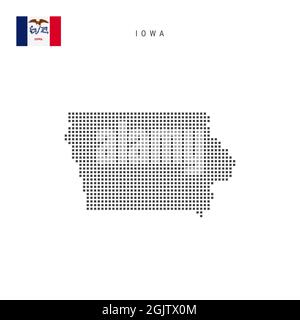 Karte mit quadratischen Punkten von Iowa. Gepunktete Pixelkarte mit isolierter Flagge auf weißem Hintergrund. Illustration. Stockfoto