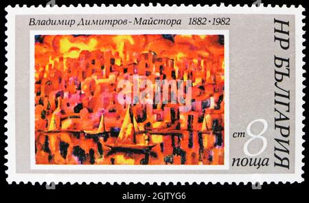 MOSKAU, RUSSLAND - 20. JUNI 2021: In Bulgarien gedruckte Briefmarke zeigt V. Dimitrov - Majstor 'Landschaft', 100. Geburtstag der Serie Vladimir Dimitrov, Stockfoto